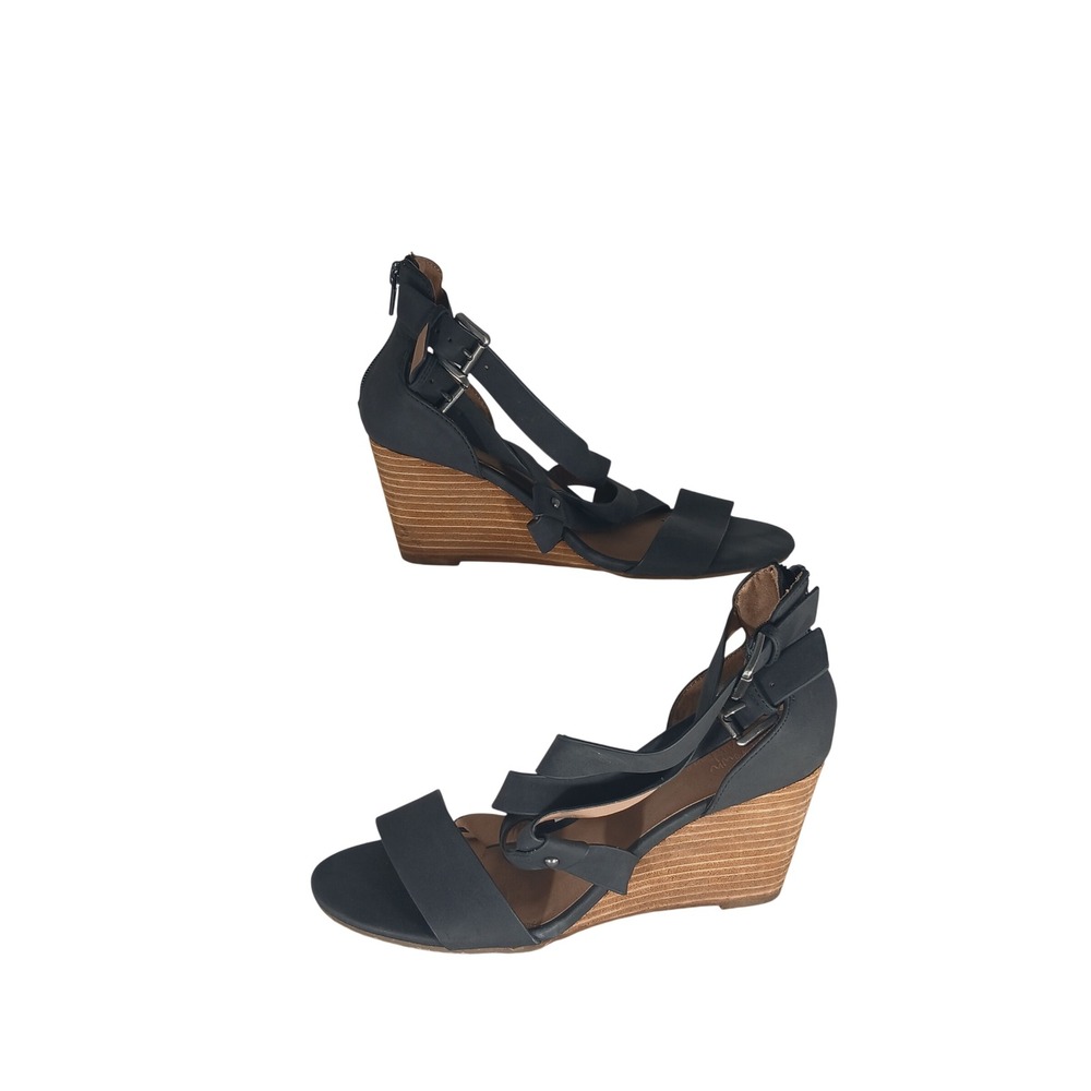 Crown Vintage Cirque Wedge Sandals 7.5 Black Strappy Caged Boho Wood Heel